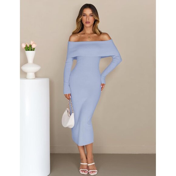 Merokeety Women's Blue Off Shoulder Long Sleeve Elegant Bodycon Midi Dress - Picture 2 of 9